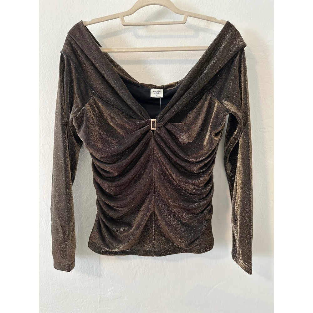 Metallic Bronze Gold Ruched Off Shoulder LS Top XL NWT Chic Elevated Party